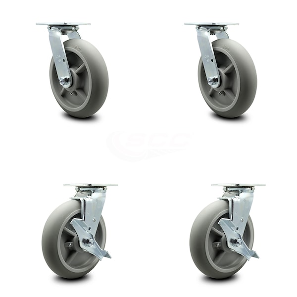 Service Caster 8 Inch Thermoplastic Rubber Swivel Caster Set with Ball Bearings 2 Brakes SCC SCC-30CS820-TPRBD-2-TLB-2 - main